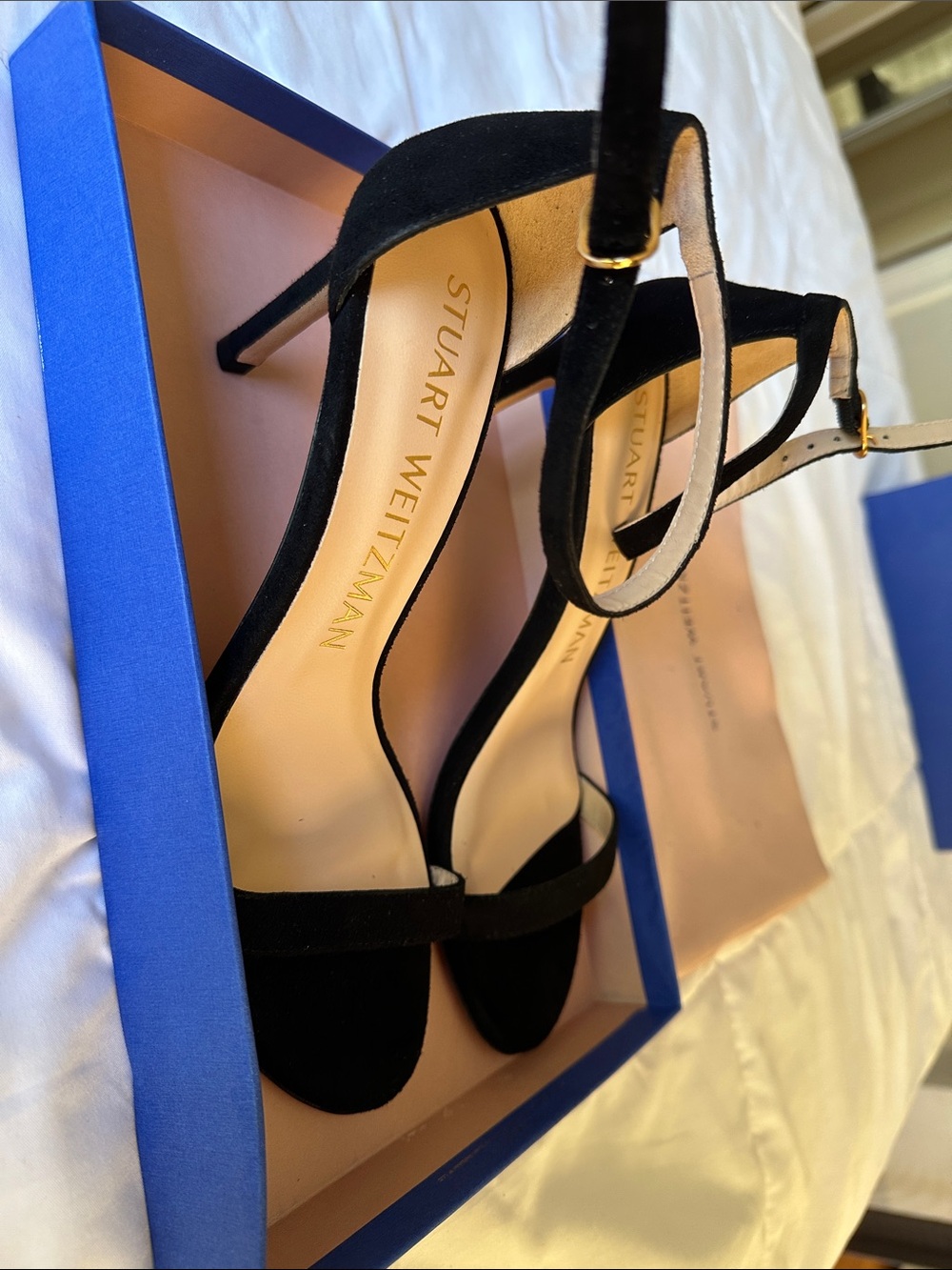 Stuart Weitzman Black Suede Stiletto Ankle-Strap Sandals size 7.5